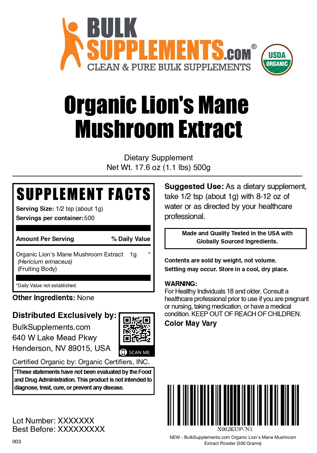 Organic Lion'S Mane Mushroom Extract Powder